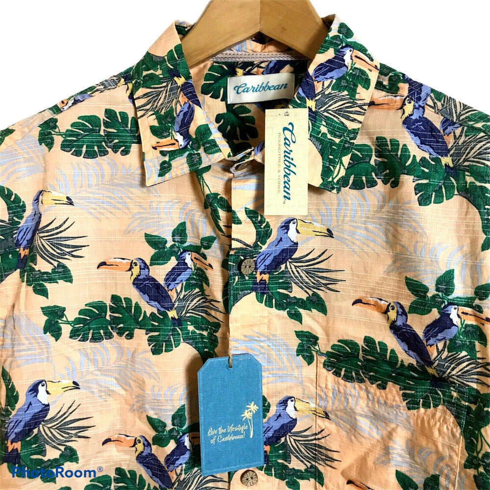 CARIBBEAN R&Y Short Sleeve Camp Hawaiian Shirt Parrot Floral Cotton Sz Large $69